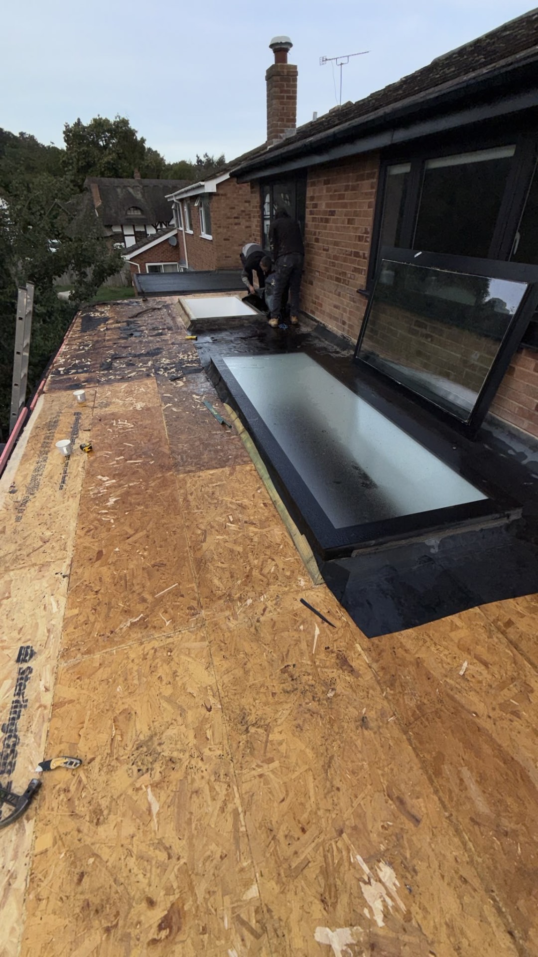 Old flat roof covering stripped back to the timber deck, with two rooflights in place and roofers working by the wall